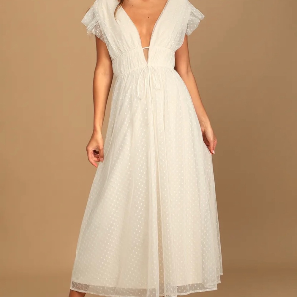 COPY - Lulus Evermore Cream Swiss Dot Ruffled Midi Dress Large